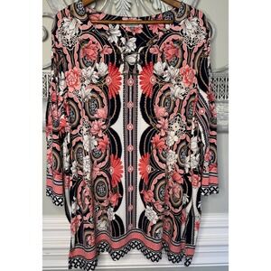 JM Collection Woman 3X Floral Medallion Tunic Top Chain Toggle Navy Coral Pink
